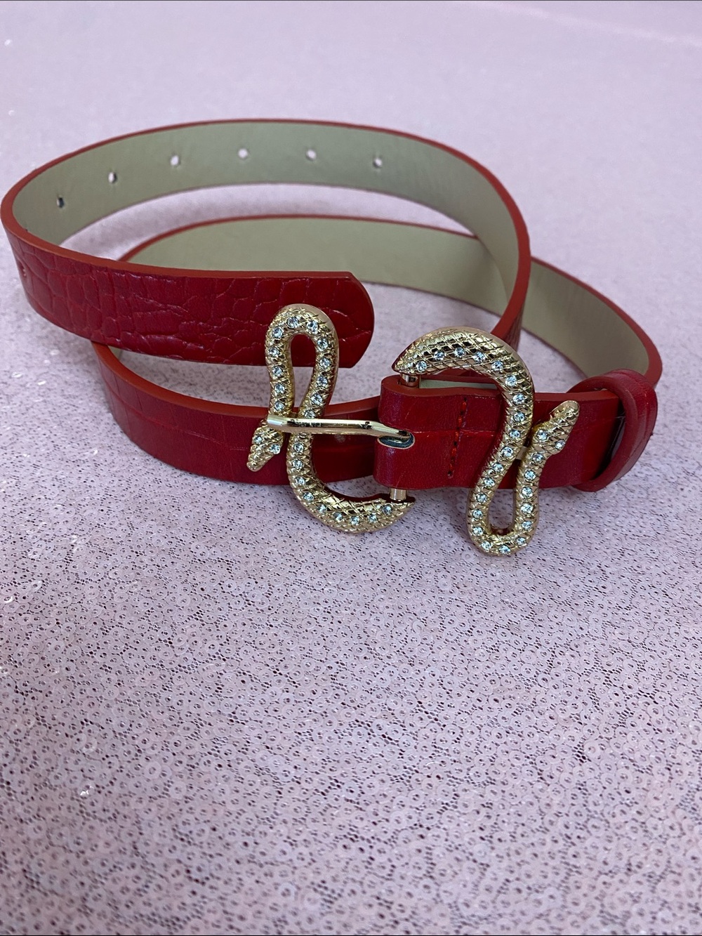 Red belt with gold tone snake buckle #403
